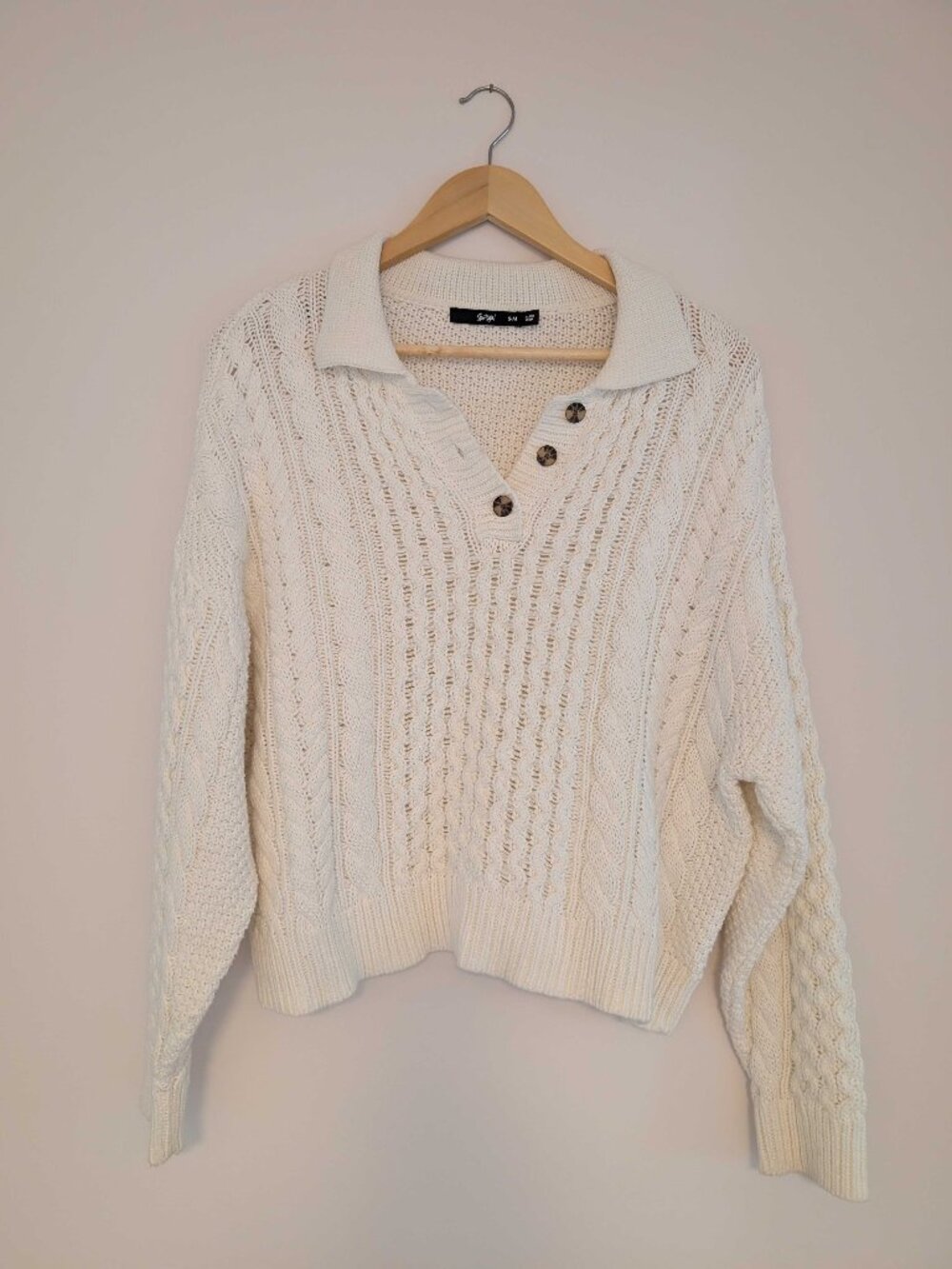 Sportsgirl Cream Cable Knit Collared Sweater 🤍 Cottagecore Coastal Vibes 🌊